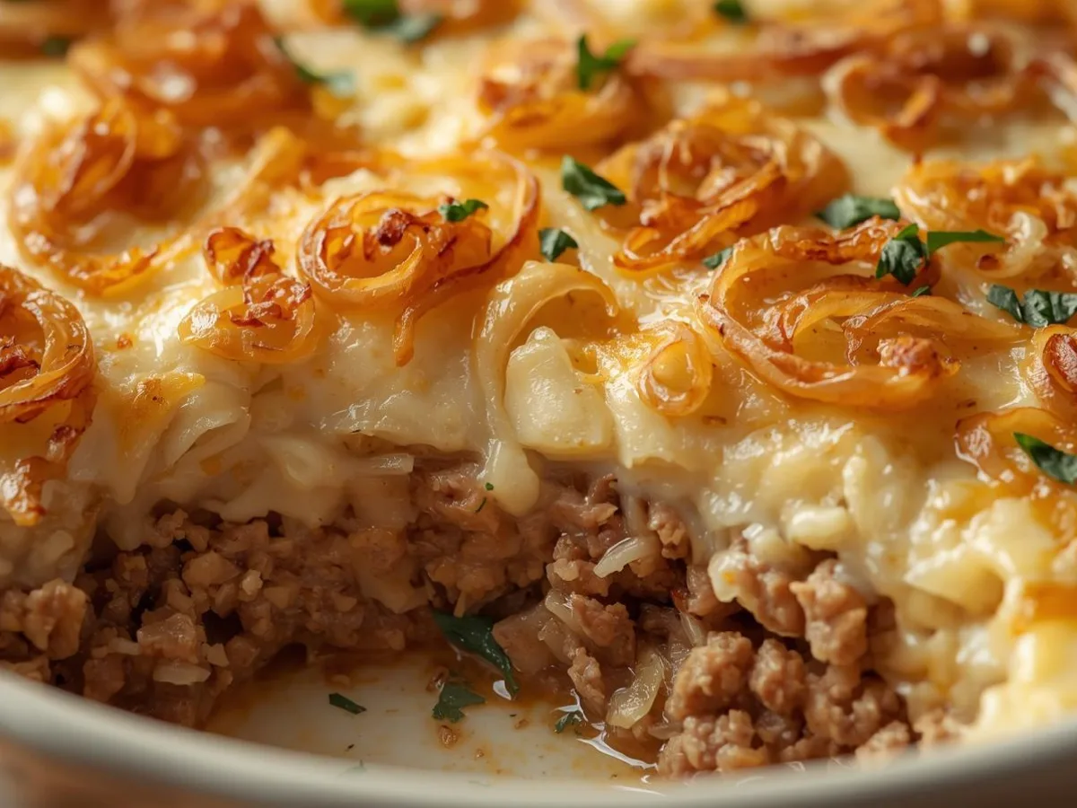 Golden French Onion Beef Casserole topped with crispy onions and melted cheese.