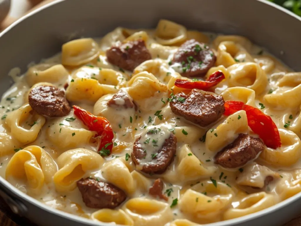 Close-up of Cheesesteak Tortellini with melted Provolone, bell peppers, and sliced steak in a creamy sauce.