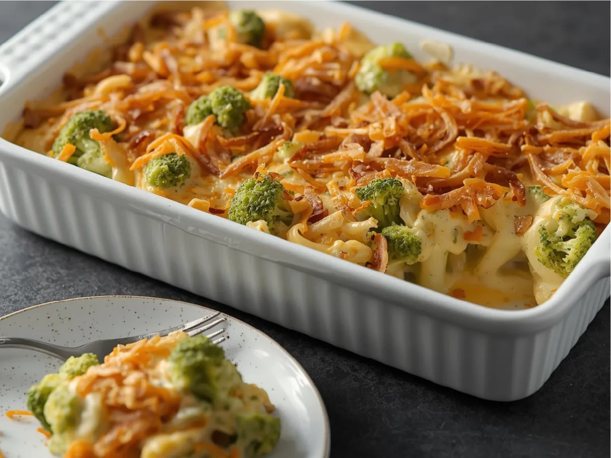 Creamy French Onion Broccoli Cheese Casserole in oven dish