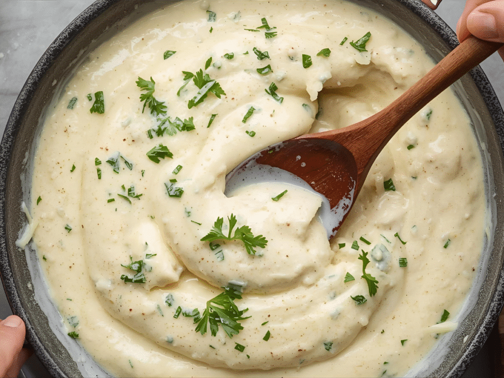 Alt Text: Creamy Homemade Alfredo Sauce coating fettuccine noodles in a white bowl.