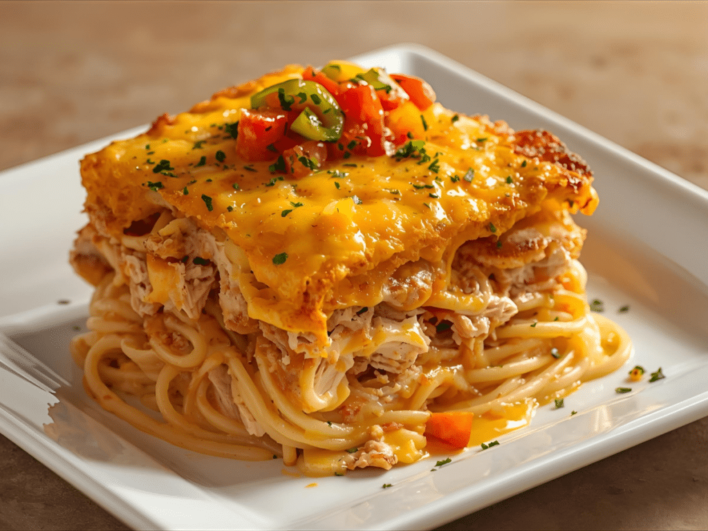 A top-down shot of a Spicy Southern Cheesy Chicken Spaghetti Casserole in a white ceramic dish, showing golden melted cheddar and red bell pepper flecks.