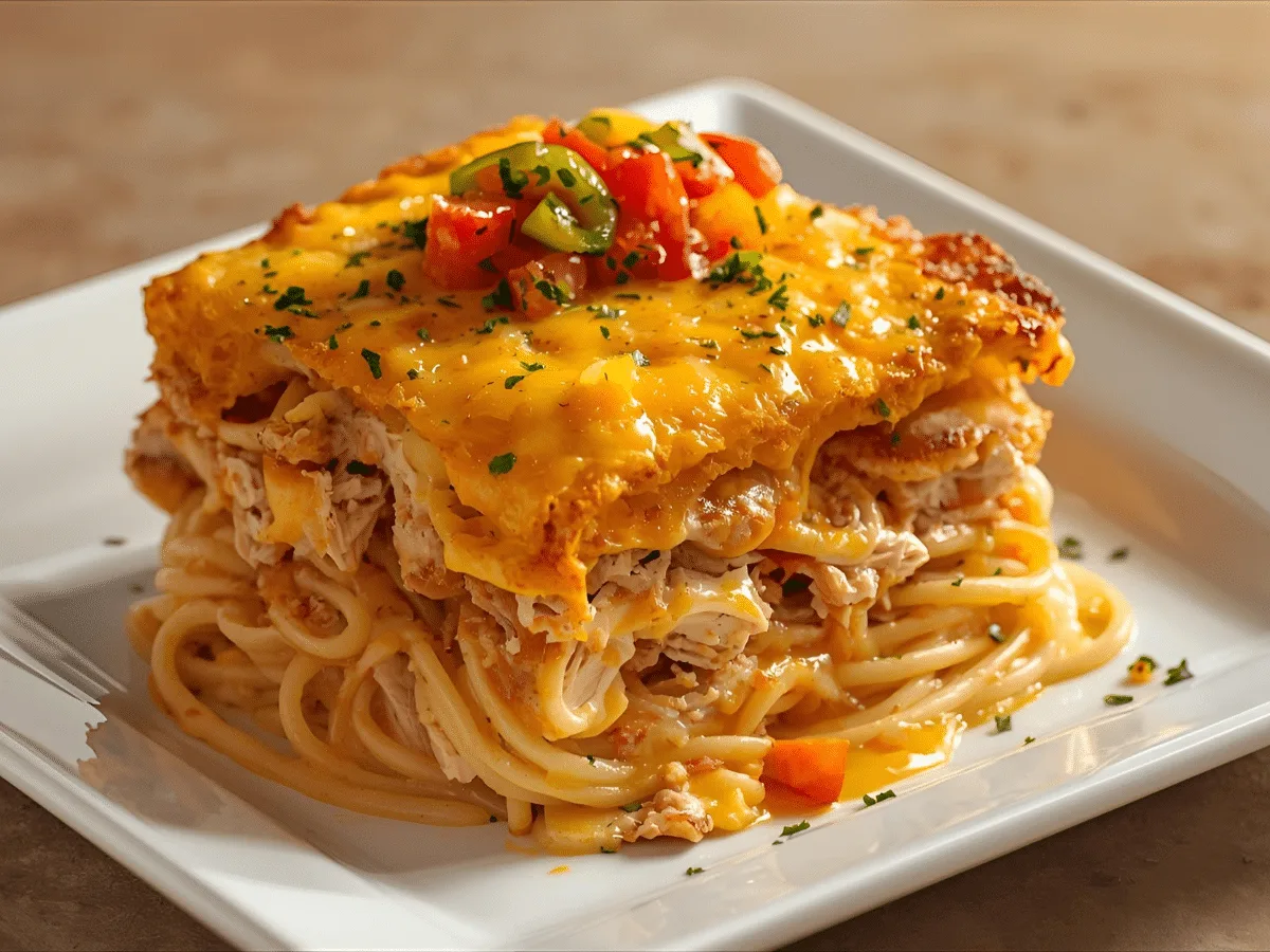 A top-down shot of a Spicy Southern Cheesy Chicken Spaghetti Casserole in a white ceramic dish, showing golden melted cheddar and red bell pepper flecks.