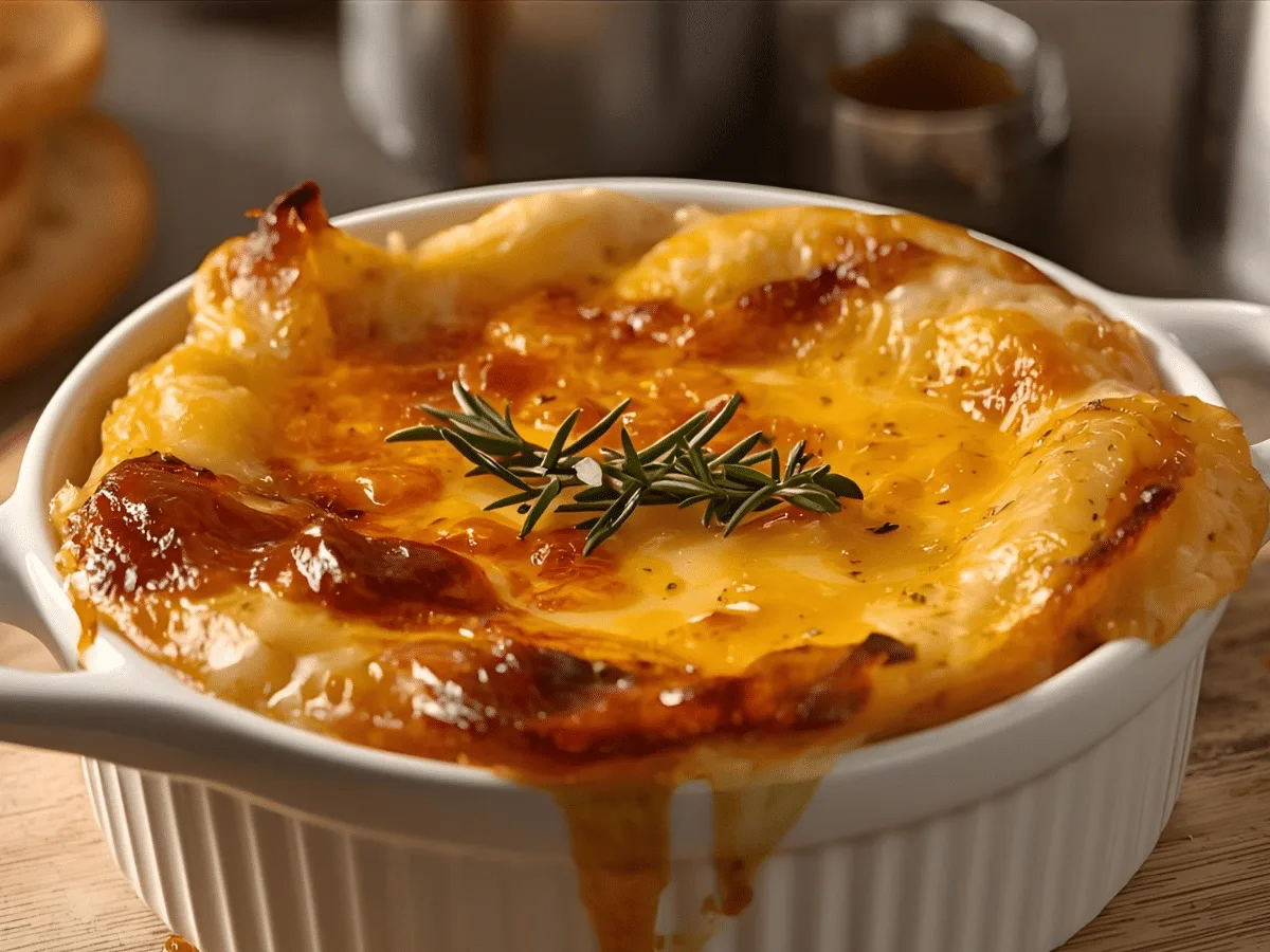 Alt Text: Top-down close-up shot of a creamy Smoked Gouda and Caramelized Onion Dip garnished with fresh thyme leaves and served in a ceramic bowl.