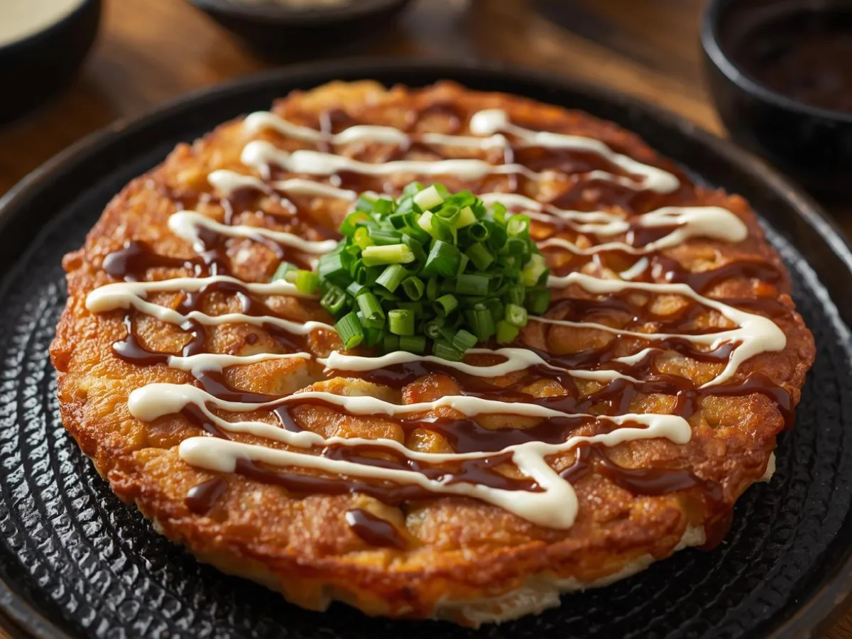 Savory Japanese okonomiyaki pancake on a plate.