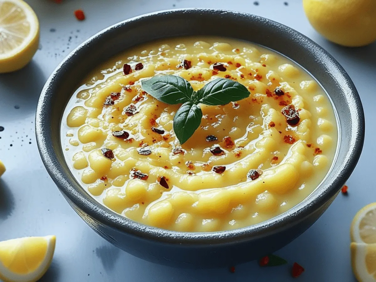Vibrant yellow Lebanese Lemon Lentil Soup served in a white bowl with cilantro.