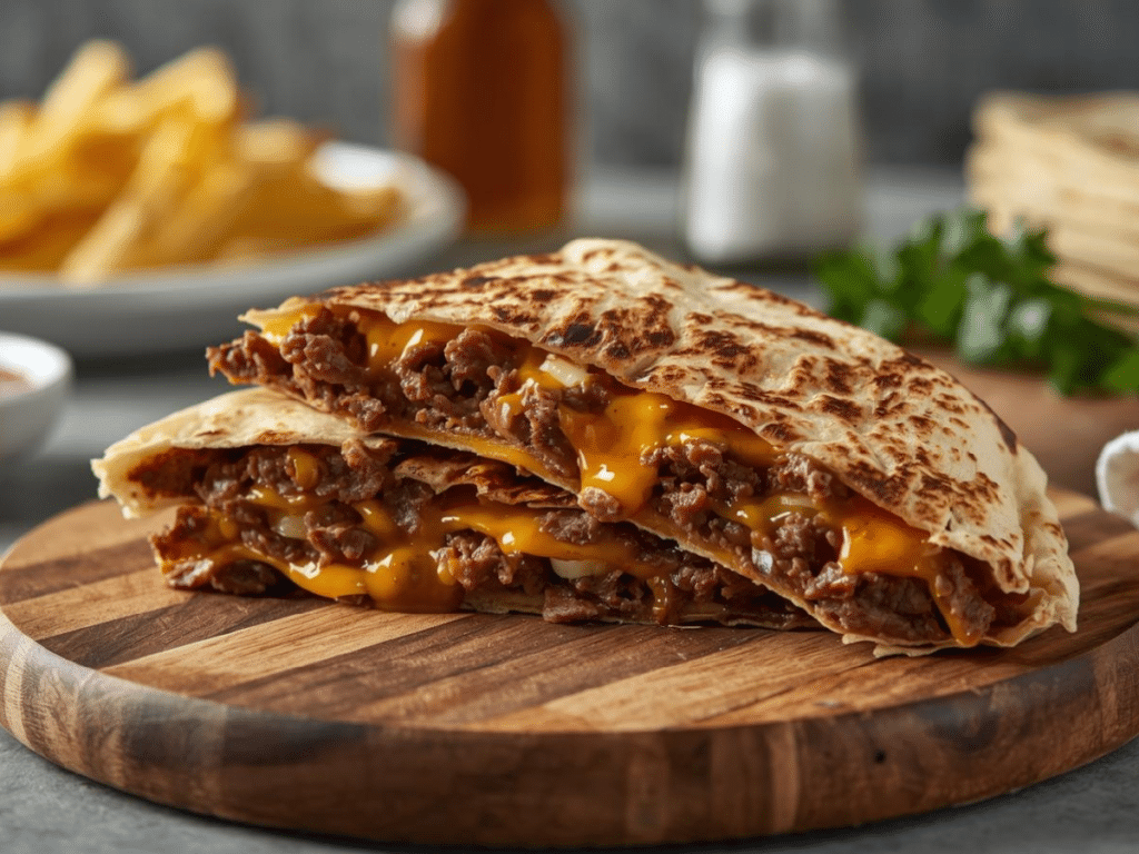 Alt Text: A close-up shot of crispy Smashburger Quesadillas with melted cheese and burger sauce on a rustic wooden board.
