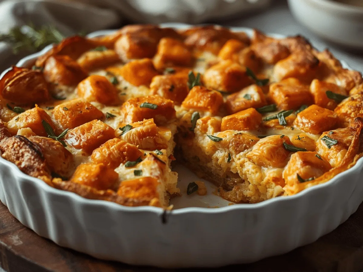 Golden baked Sweet Potato Egg Casserole with melted cheese and fresh herbs.