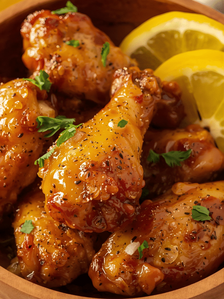 Stack of glazed wings ready to eat. |