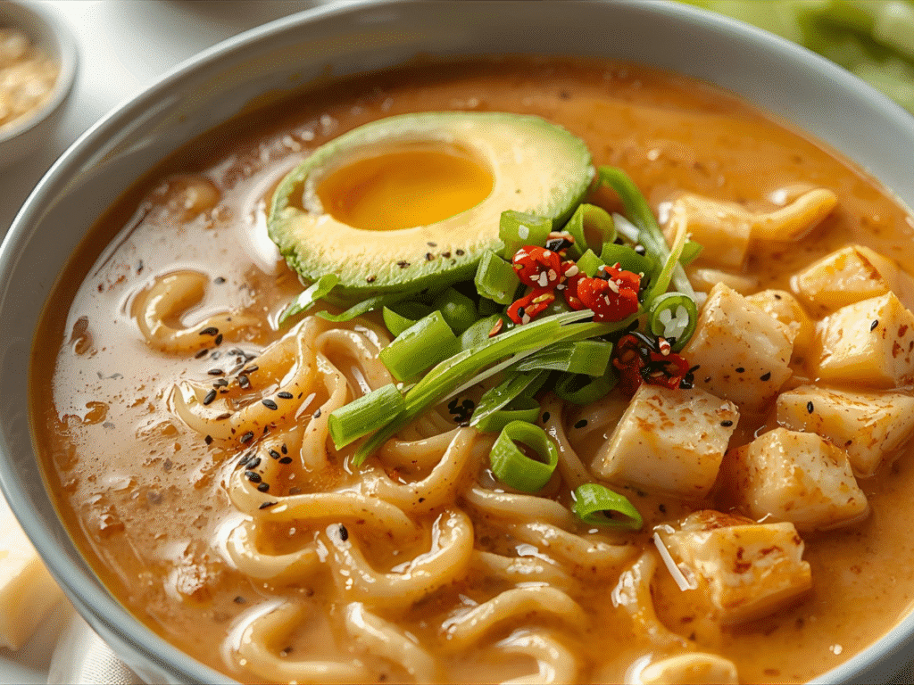 Easy Peanut Butter Miso Ramen noodles with chopsticks lifting noodles.