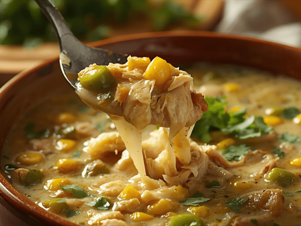 Green chicken enchilada soup with white beans and corn in a ceramic bowl.