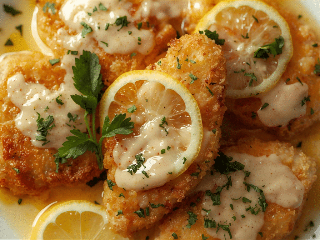 Juicy Lemon Chicken Romano with lemon wedges |