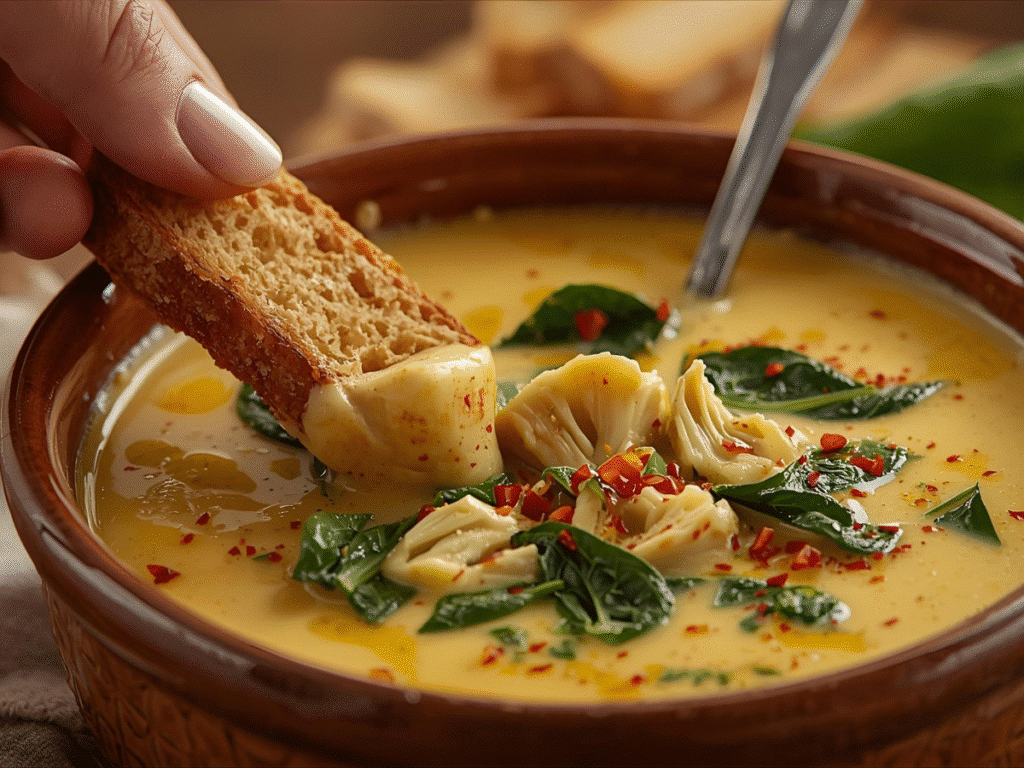 Golden Creamy Lemon Soup with artichokes and spinach served for dinner.