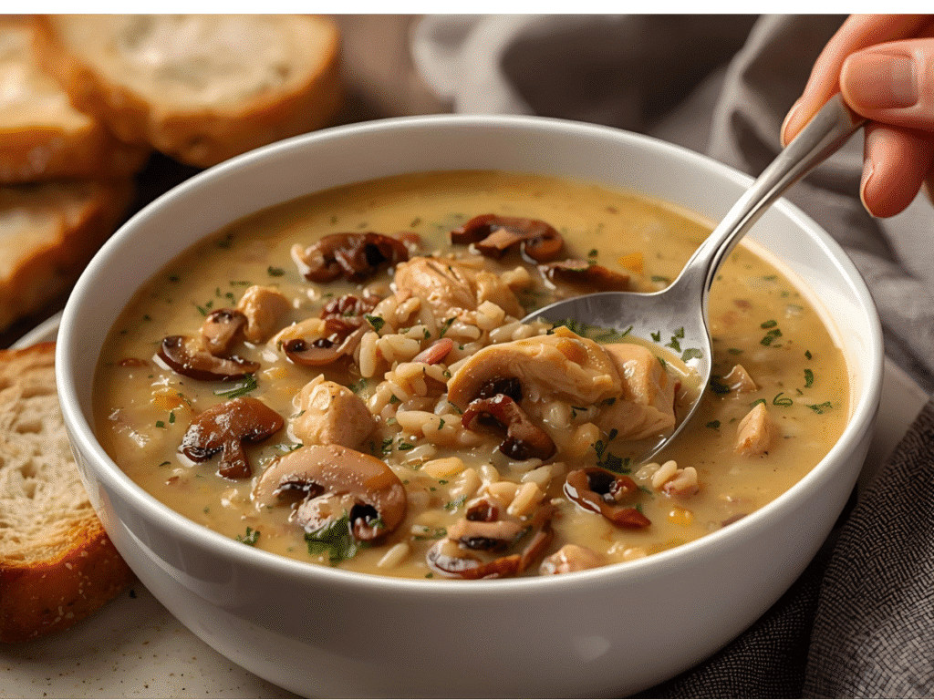  | Alt: Spoonful of hearty mushroom chicken and wild rice soup.