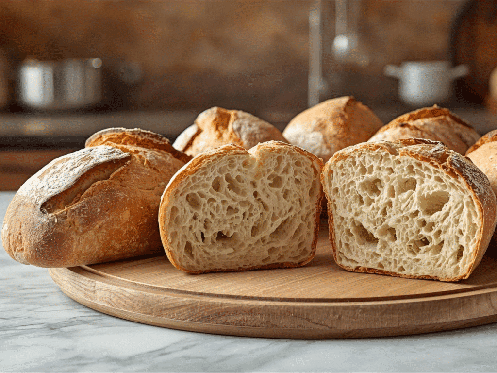 Sliced authentic Italian ciabatta bread showing airy crumb structure