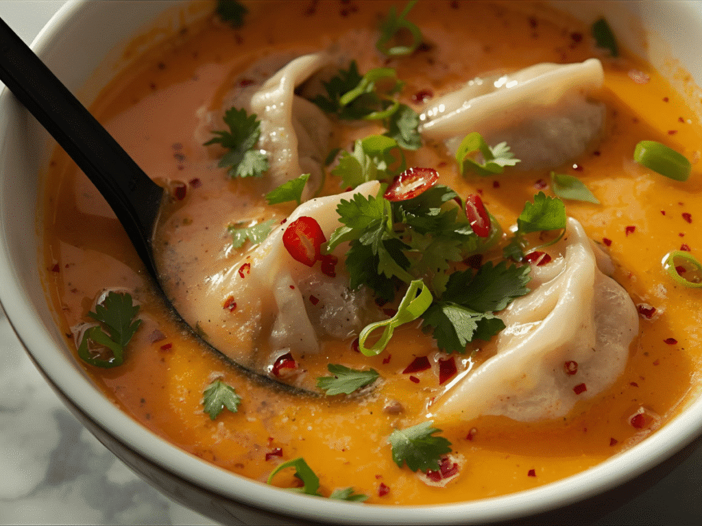 Alt Text: Creamy Thai Coconut Potsticker Soup with spoon.