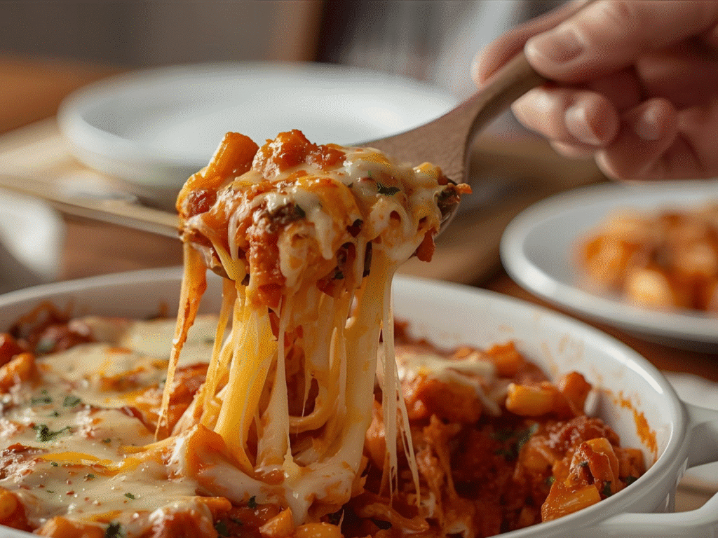 Alt Text: Easy baked ziti recipe serving on a plate with garlic bread side.