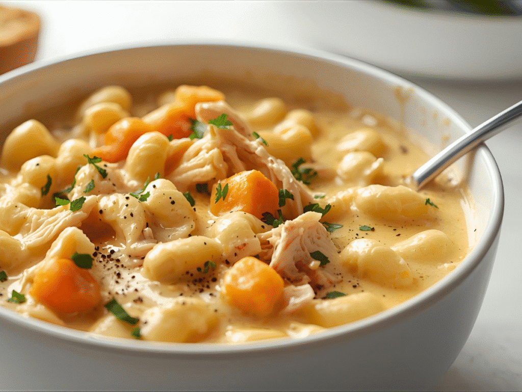 Pot of Macaroni And Cheese Chicken Soup simmering on stove.