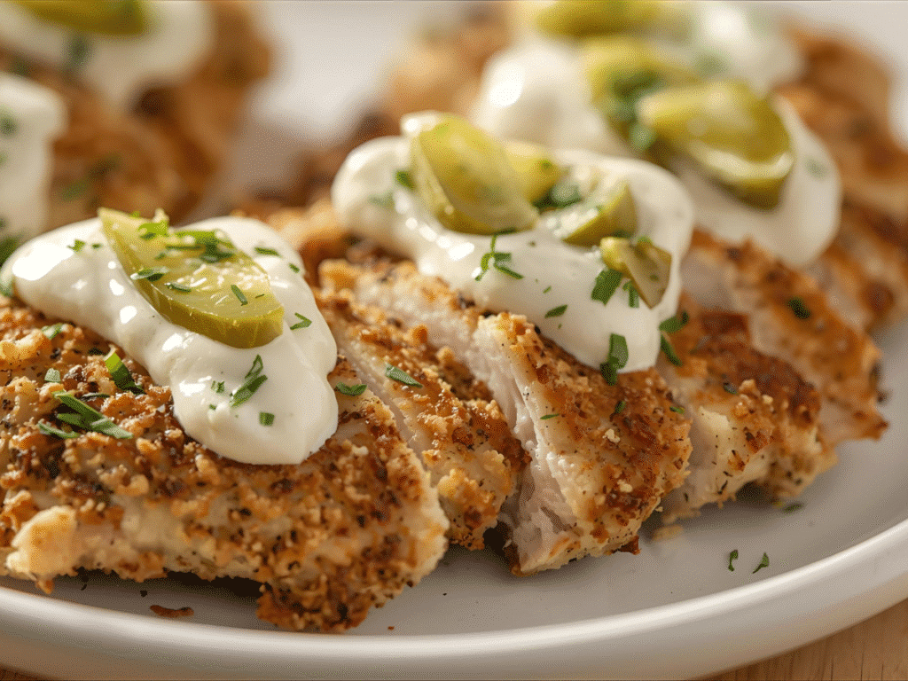 Alt Text: Easy weeknight dill pickle chicken dinner plated with salad.