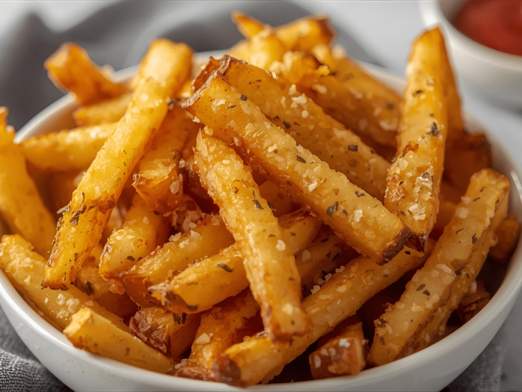 Seasoned homemade french fries on a white plate.