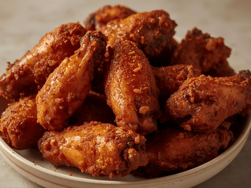 Alt Text: A basket of golden brown Spicy Dry Rub Wings cooked in an Air Fryer, highlighting the easy Chicken Wing Seasoning and vibrant red color.