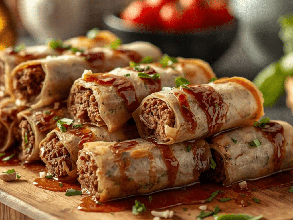 Healthy Thai Basil Beef Rolls wrapped in rice paper with crunchy vegetables.