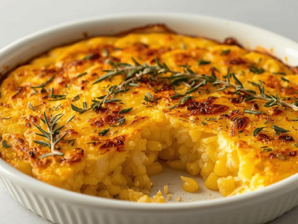 Alt Text: Close-up of a scooped portion of savory corn casserole, highlighting the velvety sweet corn custard pudding and steaming interior.
