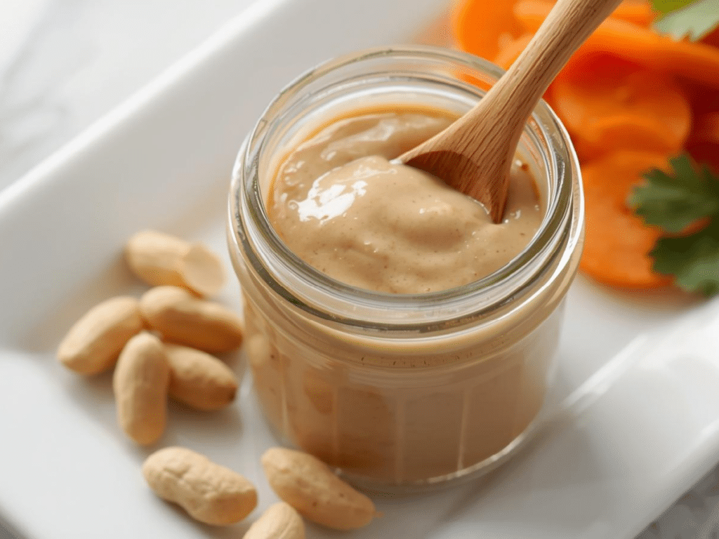 Alt Text: Homemade peanut sauce recipe served as a dipping sauce for appetizers.