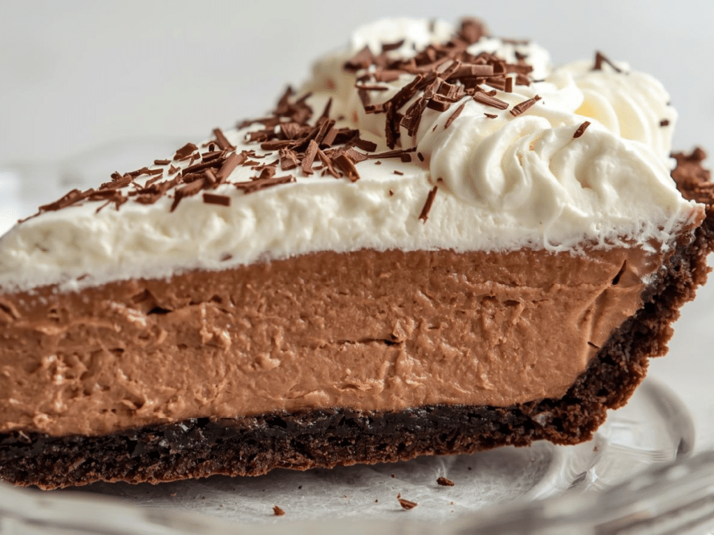 Top-down view of a decadent chocolate cream pie decorated with dark chocolate curls and a pinch of salt on an Oreo cookie crust.