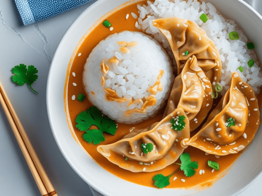 One-pan baked dumplings vegan with red curry. 