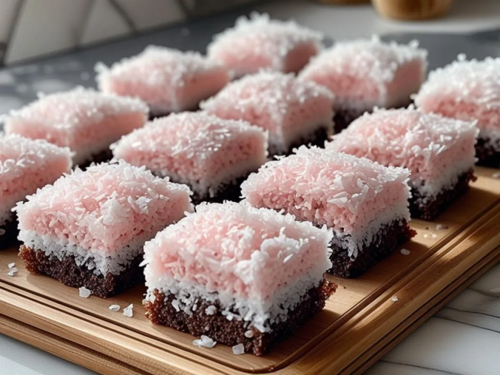 A platter of colorful Pink Coconut Snowball Cake Bars arranged for a birthday party or holiday dessert table.