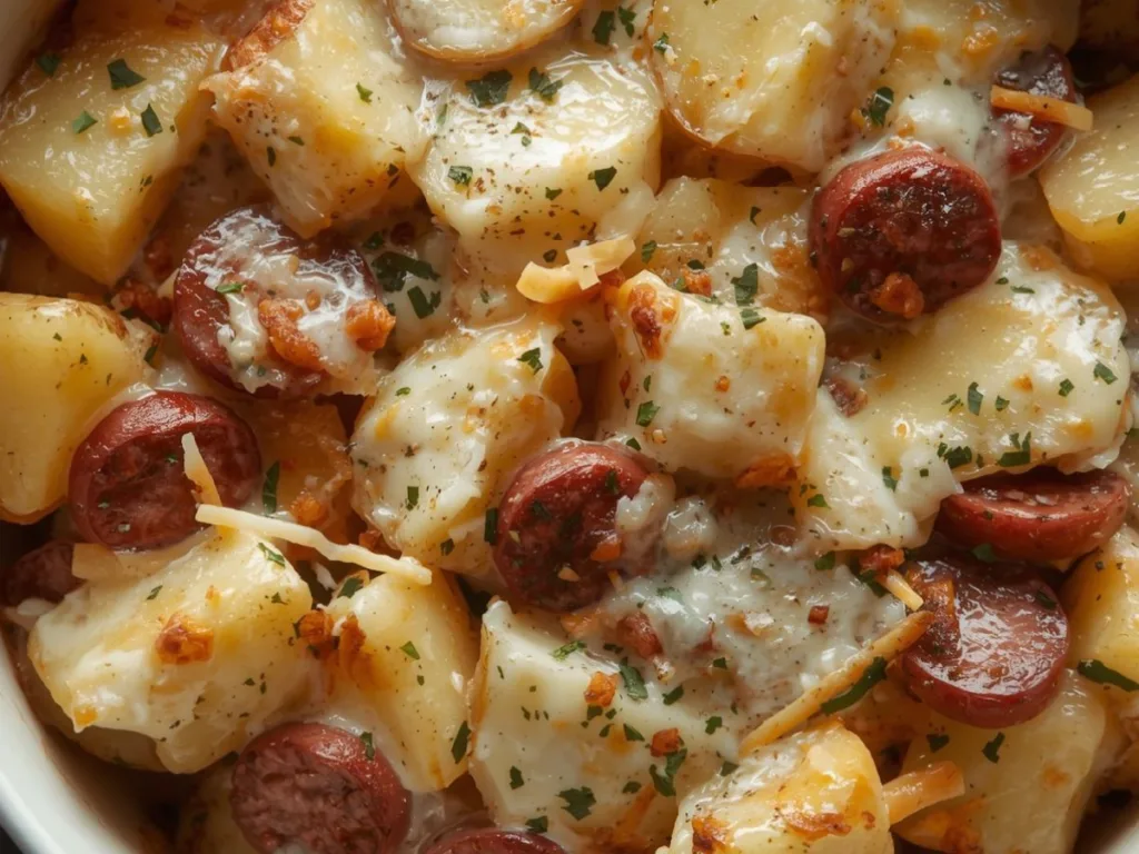 Close-up of seasoned Ranch Potatoes and Smoked Sausage with a bubbly crispy cheese topping and green onions.