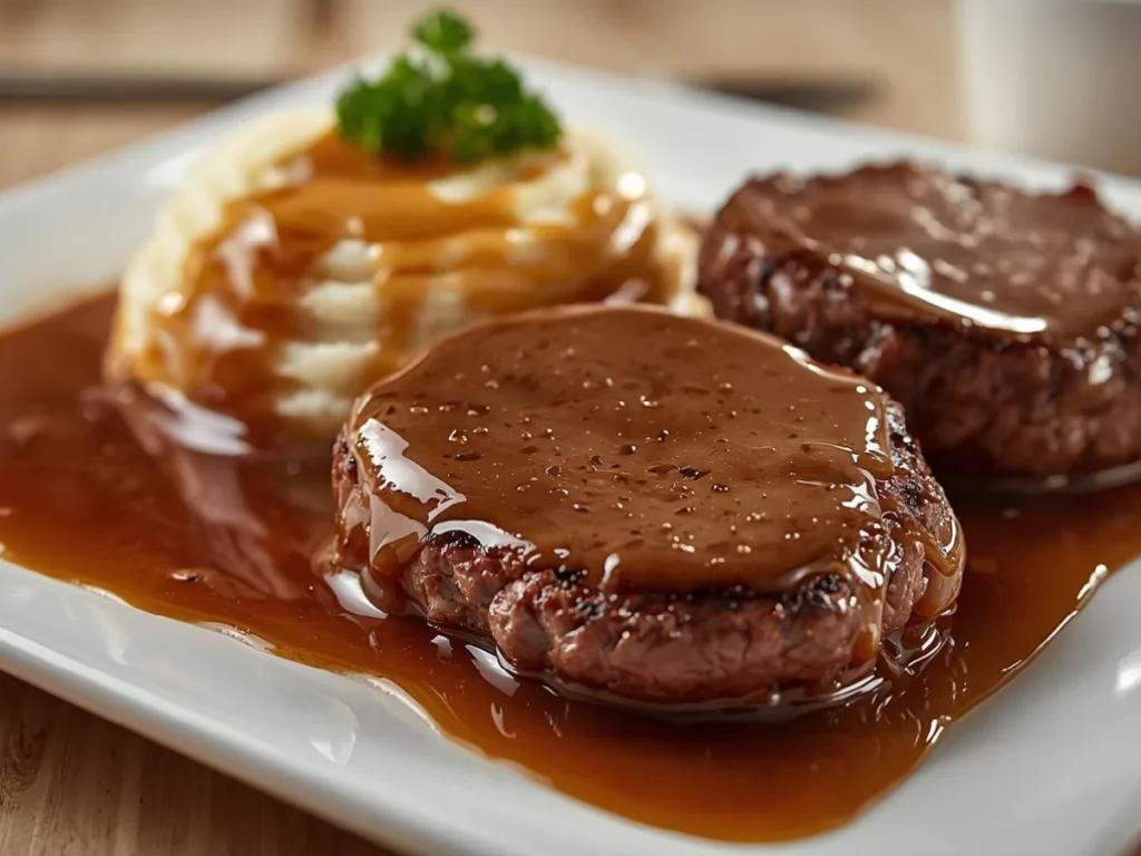 Alt Text: Savory Ground Beef Hamburger Steak smothered in a thick, velvety Brown Gravy Recipe served in a cast-iron skillet with sautéed onions.