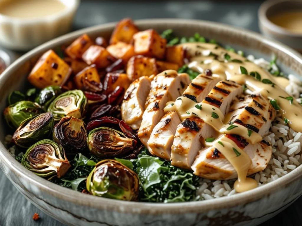 Healthy Maple Dijon Chicken Bowl Recipe featuring autumn harvest vegetables.