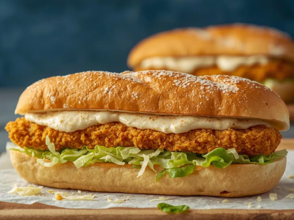 Golden chicken breast sandwich on brioche.