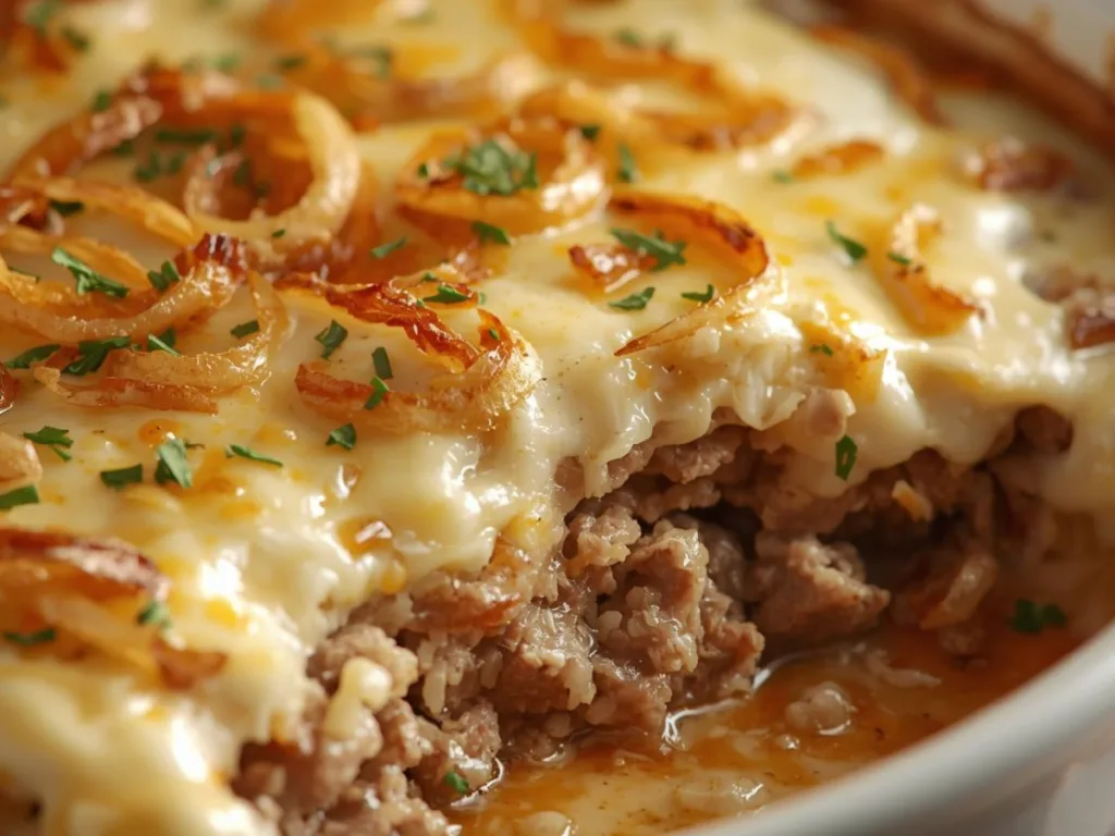 Hearty ground beef and rice casserole with a savory French onion soup glaze.