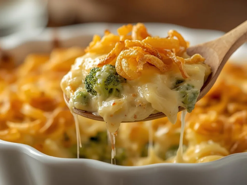 Fried Onion Cheesy Broccoli Bake with melted cheddar