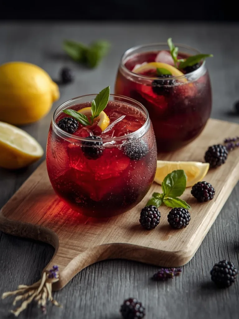 Close-up of a chilled botanical mocktail with blackberries, fresh basil, and a hint of lavender syrup, showing condensation on the glass and ice cubes.