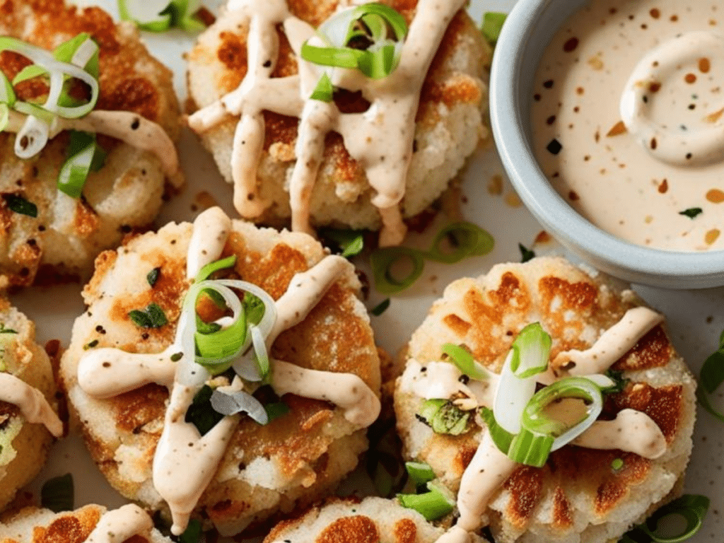 Version 2: Alt: Plated Asian-style tuna cakes with spicy mayo garnish. 