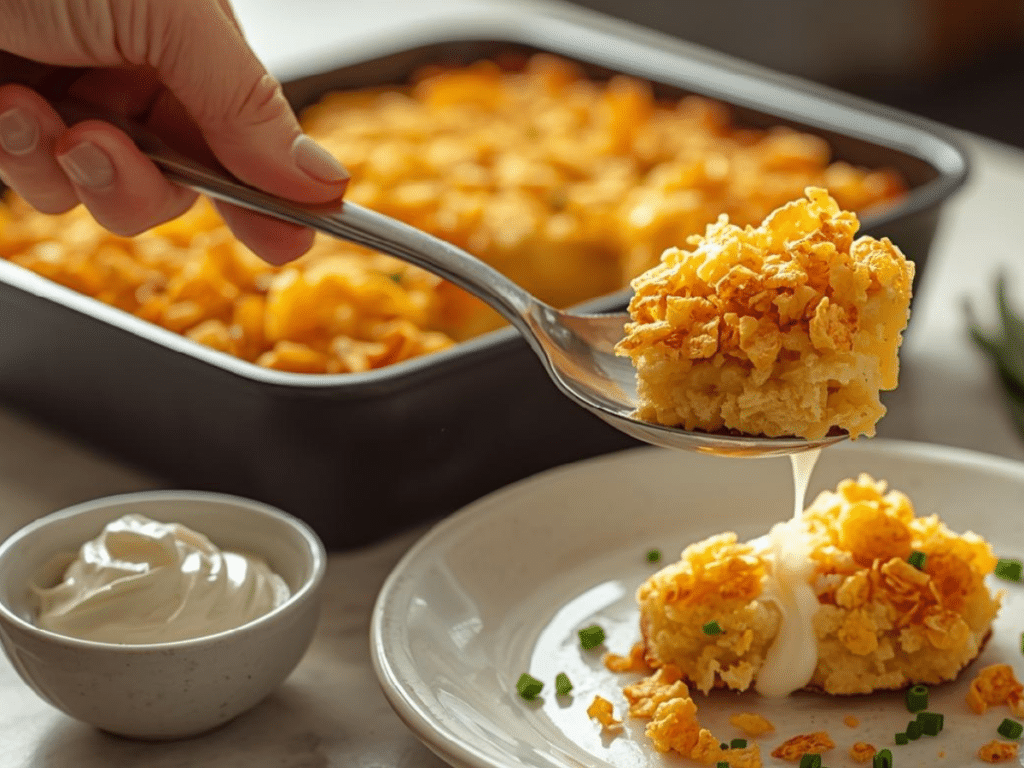 Alt: Easy Funeral Potatoes recipe for a crowd in baking dish.