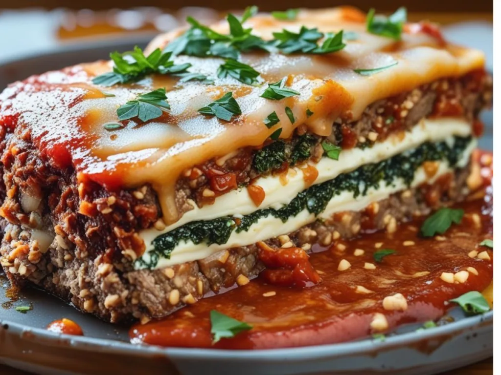 Whole baked Italian stuffed meatloaf with sauce.