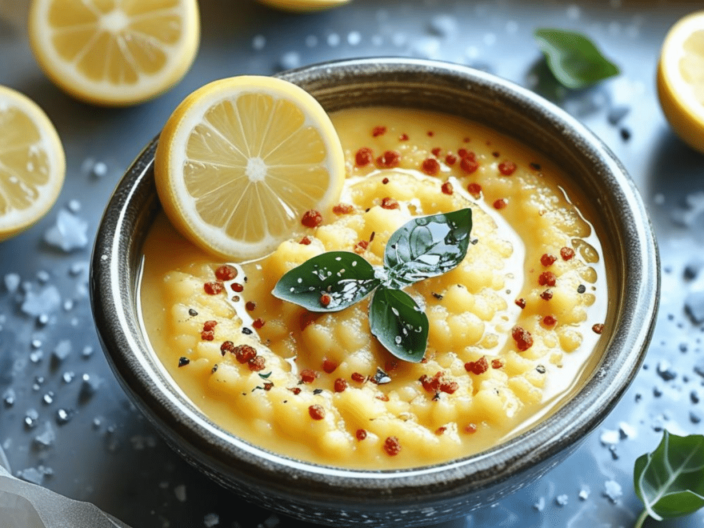 Alt Text: Red lentil soup with cumin and lemon slices on a dark background.