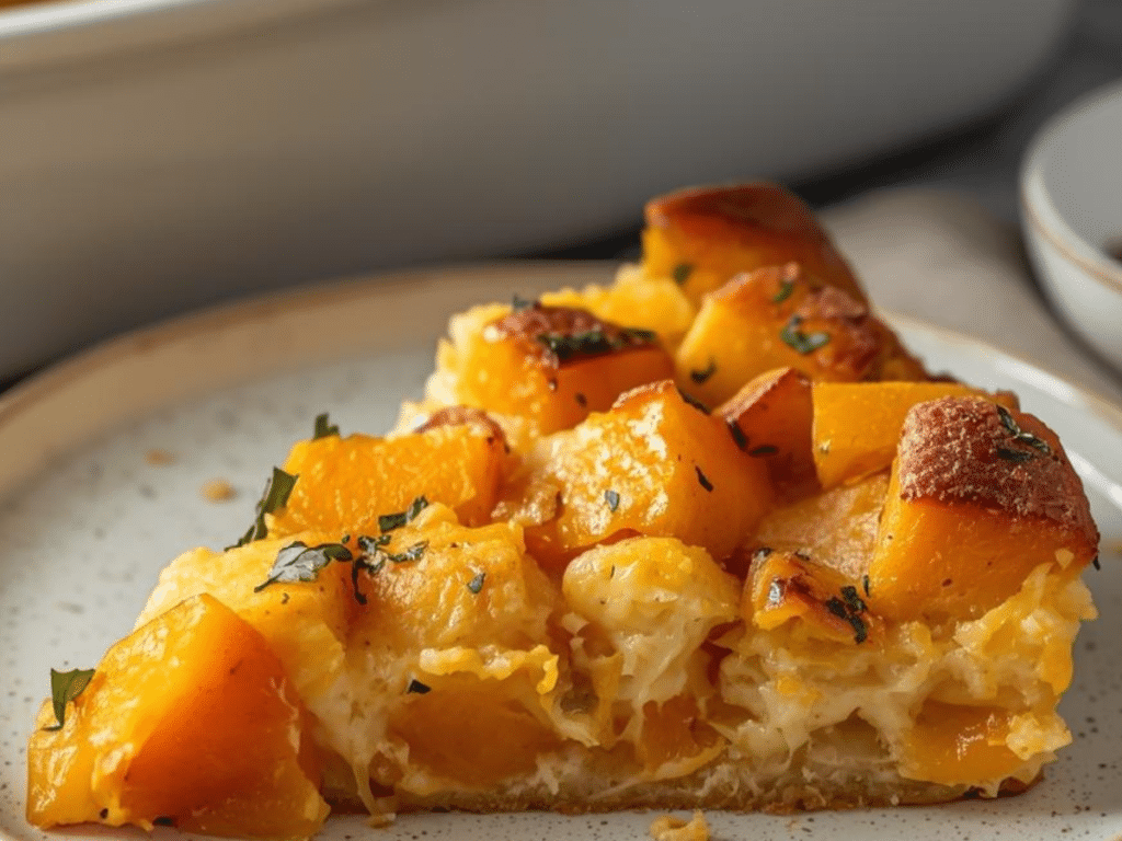 	Slices of Sweet Potato Egg Casserole showing the interior texture of eggs and potatoes.	