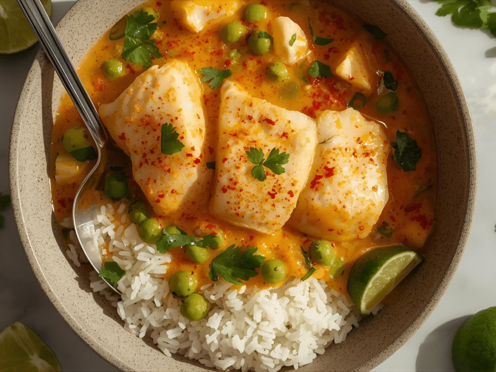 | Alt: Close up of Brazilian Fish Stew texture with peppers.