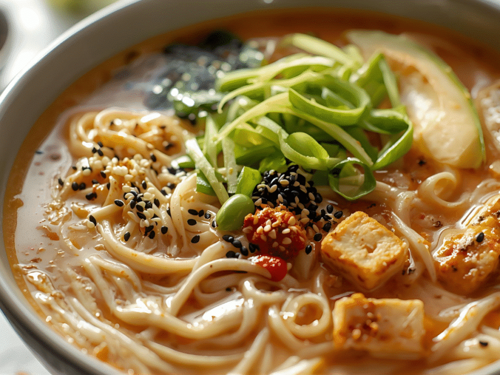 Vegetarian Miso Peanut Noodle Soup with tofu and sesame seeds.