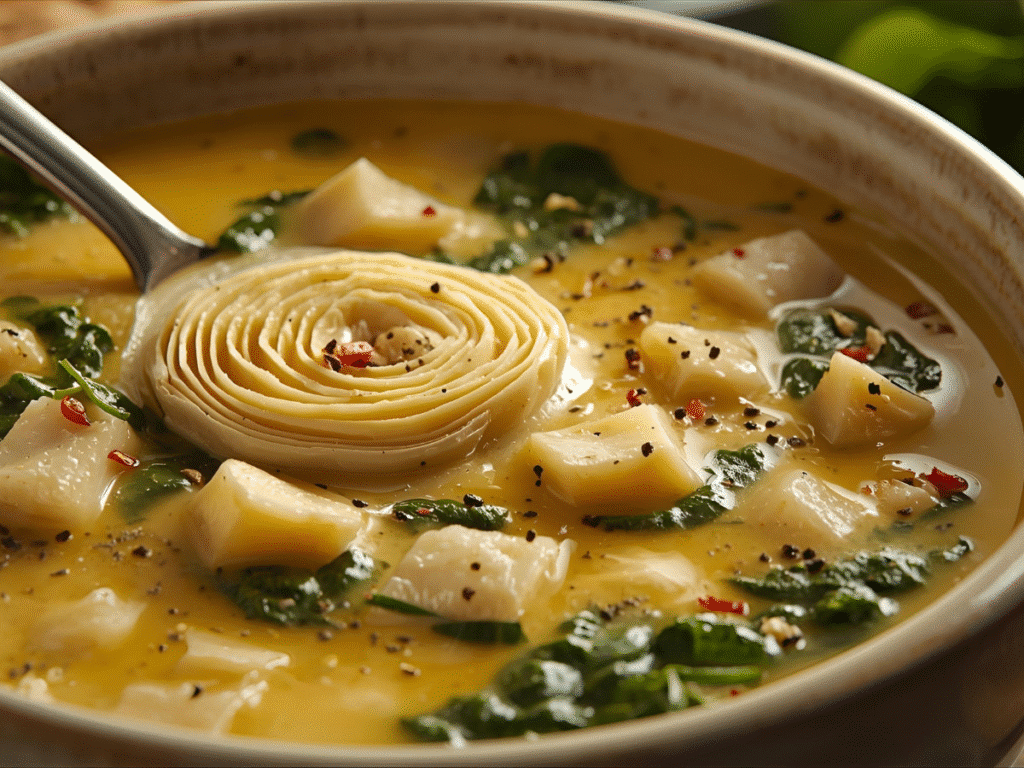 Ingredients for Tuscan Soup including artichokes, lemon, cream, and spinach.