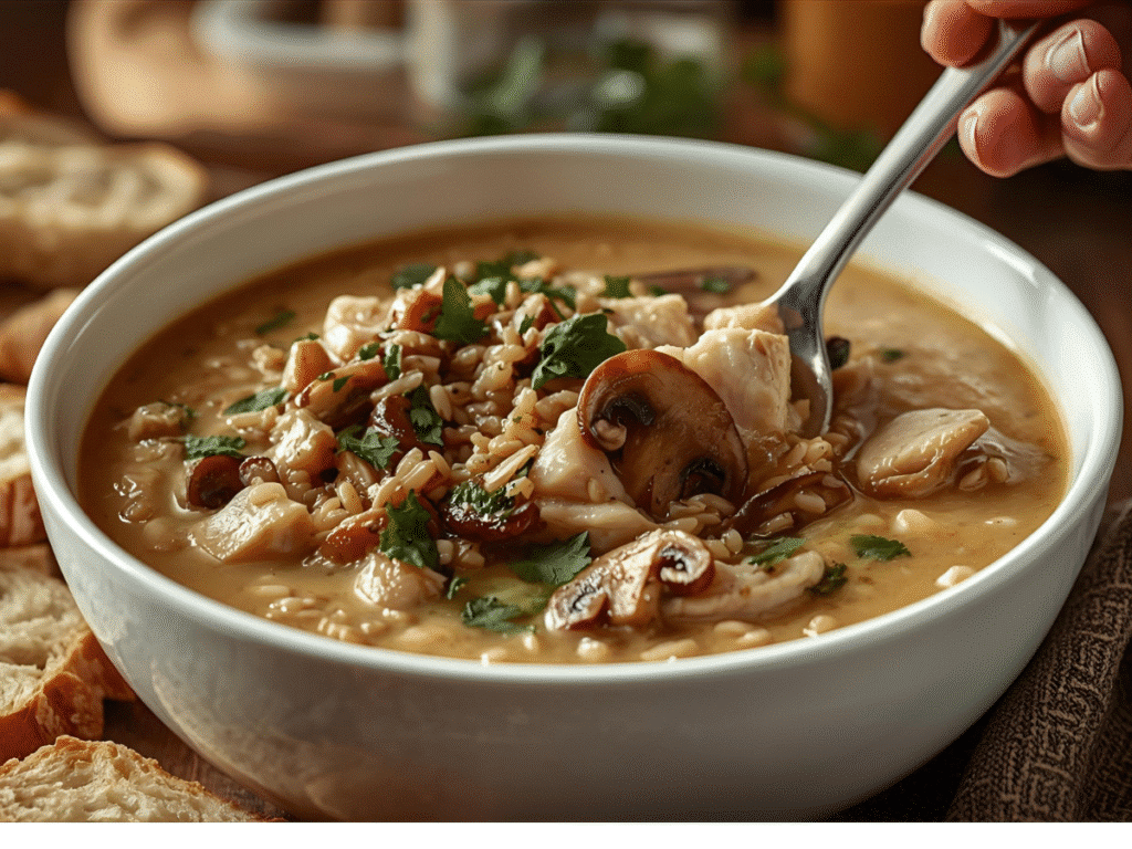 Pot of creamy wild rice and mushroom soup on stove.