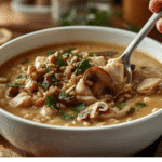 Pot of creamy wild rice and mushroom soup on stove.