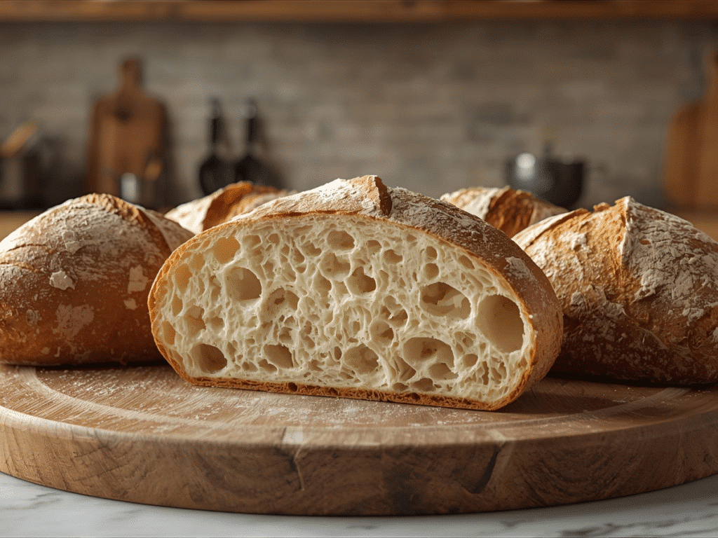 Ingredients for no-knead ciabatta bread including flour water and yeast