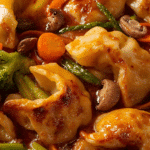 Alt Text: Potsticker Stir Fry being tossed in a wok with sauce.