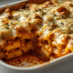 Alt Text: Cheesy baked ziti recipe ingredients including mozzarella and marinara.